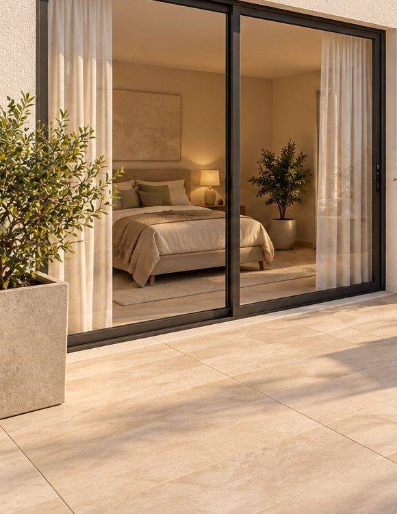 Corredera elevable de aluminio gris grafito enrasada al pavimento