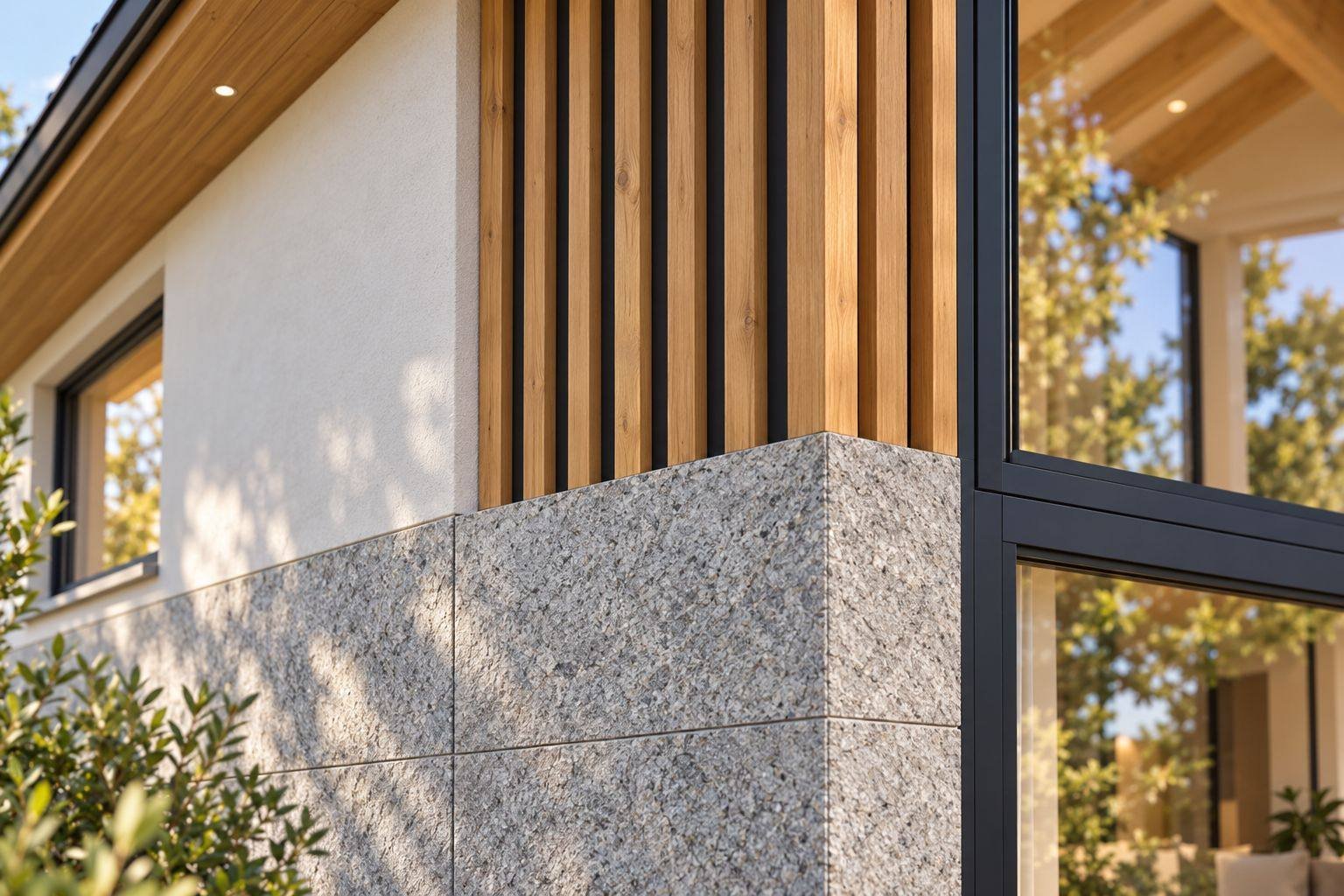 Detalle de esquina del NH120: granito, revoco blanco, Thermowood vertical y aluminio