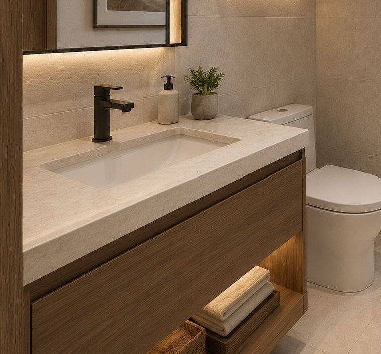 Encimera de piedra y mueble de madera del baño principal del NH150