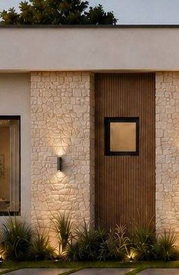 Detalle de la entrada del NH150: piedra natural y madera